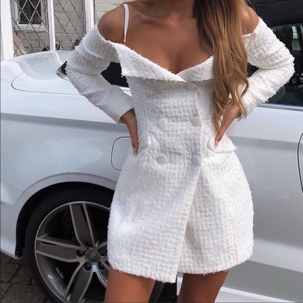 House of CB Nia Tweed Blazer Dress White L